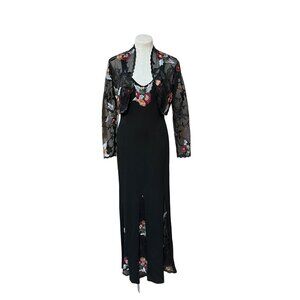 70s Dramatic Black Knit Mermaid Maxi Slip Dress Lace Bolero Jacket Whimsigoth